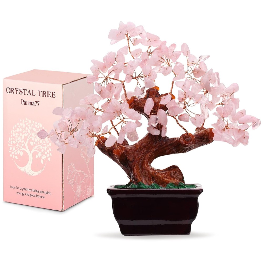 Feng Shui Natural Rose Pink Quartz Crystal Money Tree Bonsai Style Decoration Fo