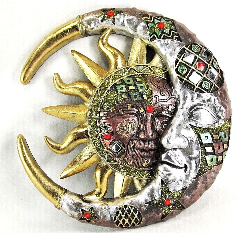 Sun & Moon Face with small mirror and acrylic jewels resin wall art
