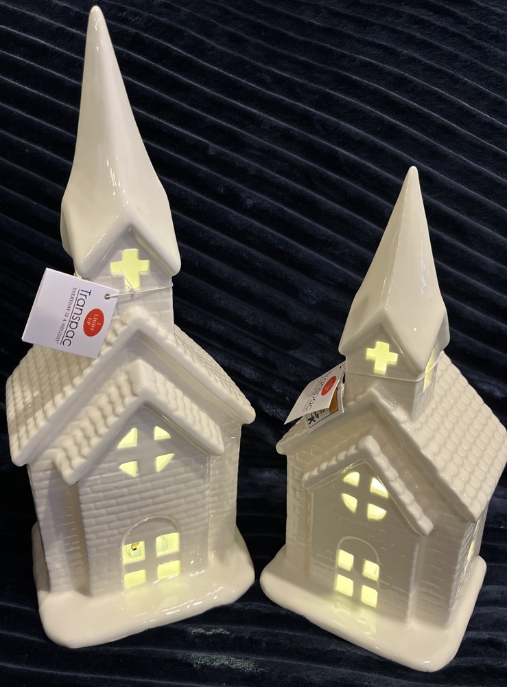 Transpac Light Up Ceramic Churchs – Set of Two 13×5 1/2 and 10 1/2 x 5 Inches