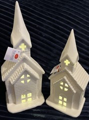 Transpac Light Up Ceramic Churchs – Set of Two 13×5 1/2 and 10 1/2 x 5 Inches