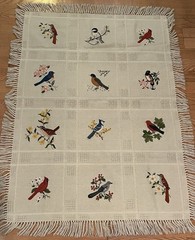 Vintage Hand Embroidered Bird Sampler Throw 46×31 Fringed Needlework Cardinal