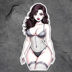 Pinup Girl Sticker Vinyl Decal Busty Fishnet Lingerie Cartoon Style Sexy Cute