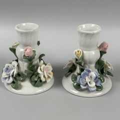 Vintage Ceramic Floral Candlestick Holders Set of 2 Pastel Flowers Made in China