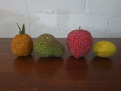 Vtg MCM Push Pin Sequined Beaded Faux Fruit Life Sized Kitchy Eclectic