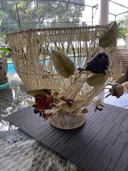 Shabby Chic Toleware Fruit Basket Planter Cream Color Metal Roses Cottage Core