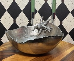 Large Sculptural Coastal Pewter Bowl| Silver-toned Centerpiece| Irregular Rim
