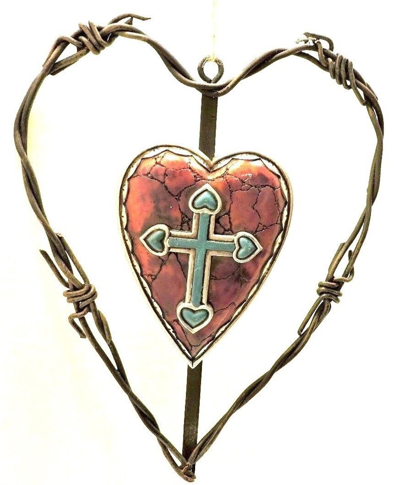 Heart Cross Metal Decor Red & Blue Wall Hanging 6 1/2×8 1/2 Inches New