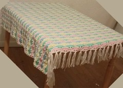 Vintage Handmade Crochet Shell Wave Afghan Blanket Pastel Rainbow Fringe 50×45