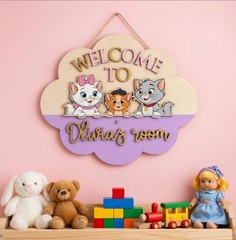 Personalized Cute Cat Name Sign Custom Kids Room Nursery Wooden Decor