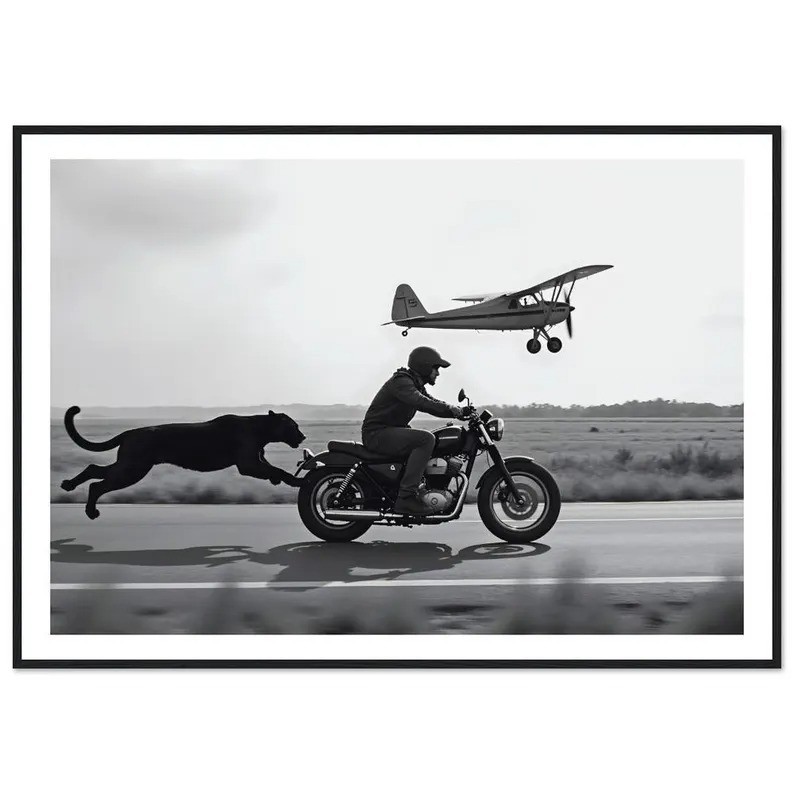 Motorcycle And Panther Adventure Poster B&W Photo Wall Art Print Home Decor
