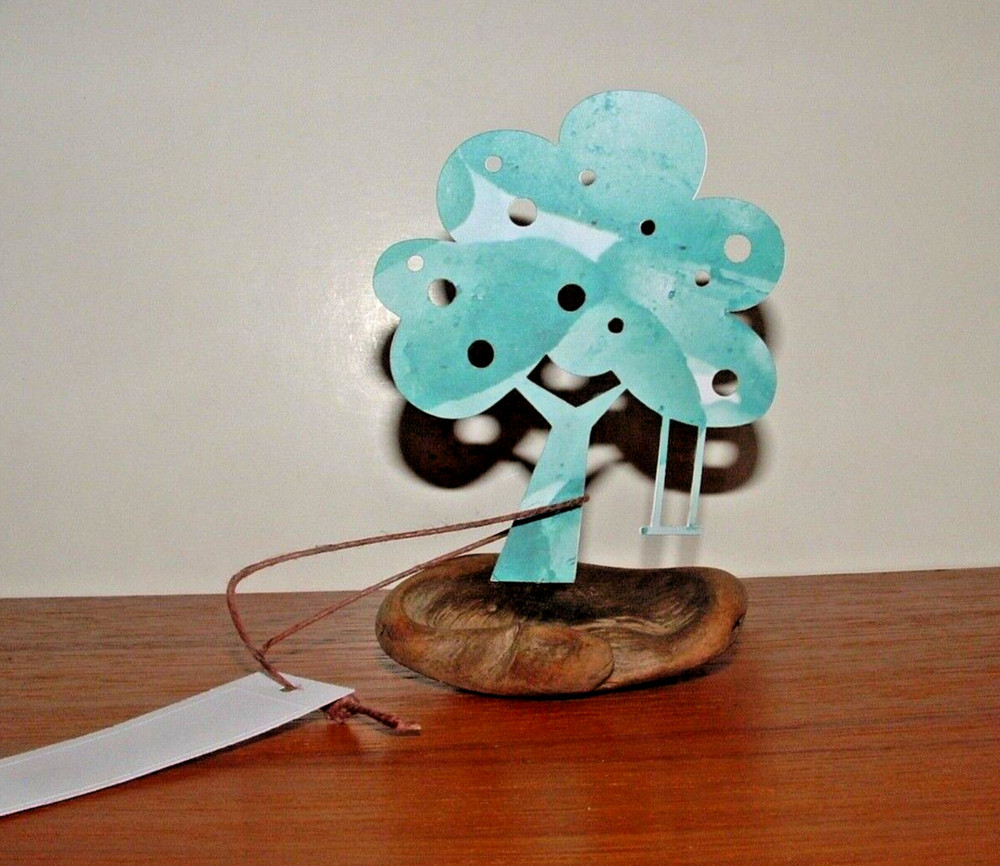 Apple Tree w/ Swing Paper Sculpture Card on Driftwood, Green Shades, w/ Gift Tag