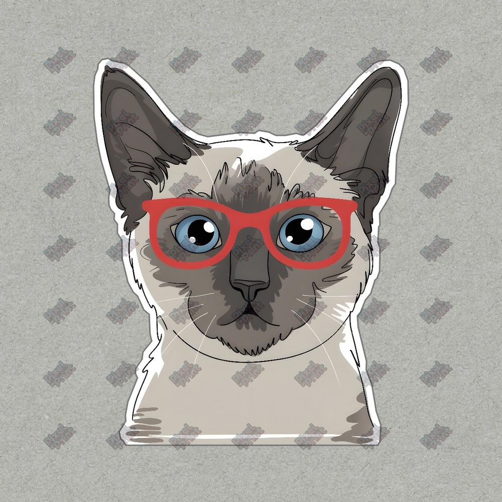 Quirky Siamese Cat Art Print with Red Glasses Cute Animal Decor for #8663