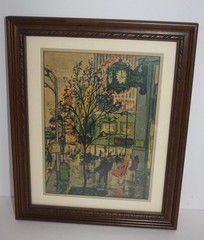 Wood Framed Urban Street Scene with Street Clock Print Picture 13.25X16.25