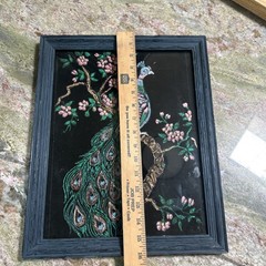 Vintage Black Velvet Painted Peacock With Frame From Mexico