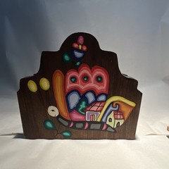 Hand Painted Wood Folk Art napkin holder, Brown Multicolor, 5.75”x 2.5”