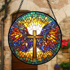Stained Glass Window Hanging – Jesus Cross Wings Suncatcher Ready to Hang Window