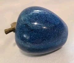 Italian Blue Marble Apple Solid w/Brass Leaf 1960s Paperweight 4″ Shelf Decor