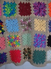 Hand Knit Afghan Lap Blanket Granny Squares 46 x 66 in Tan Boarder New