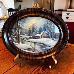 Thomas Kinkade Winter Cottage Accent Print In Oval Metal Brown Frame *see Photos