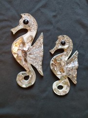 Abalone Shell Lucite Seahorse Wall Art Set 2 Handmade Mid Century 9.5 and 11.5 «