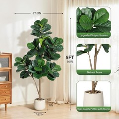 Artificial Fiddle Leaf Fig Tree w/White Pot 4/5ft Realistic Ficus Lyrata Plant