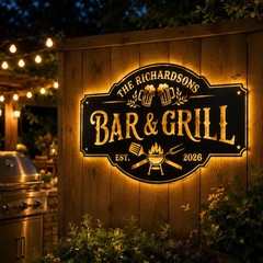 Personalized Bar and Grill Sign With Led Light, Home Bar Decor, Backyard BBQ
