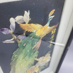 Vintage Chinese Shell Art Peacock Bird Shadow Box Framed Wall Decor Multicolor