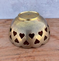 Gold Metallic Brass Metal Heart Cutout Decorative Round Bowl 5 in Dia x 2.5 in