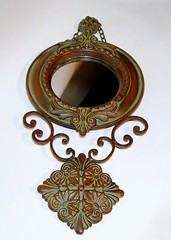 Metal Baroque Style Round Wall Mirror Green Patina Ornate Regency 18” Long