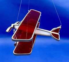 HANDMADE Lead Stained Glass Biplane Red & White Vintage