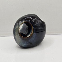 Modern Glazed Ceramic Offset Donut Hole Blues Bud Vase 6″ Asymmetrical Abstract