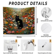 Black Cat Wildflower Tapestry Floral Field Wall Hanging Home Decor 50×60 In