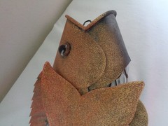 RARE BRUTALIST HANDBLOWN CAGED BUBBLE GLASS & WROUGHT IRON METAL FISH SCULPTURE