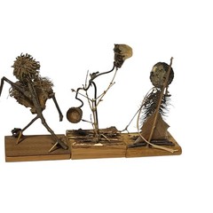 VTG Handmade Folk Art Twig Sculptures Set Wood Base Rustic Nature Figures 3pc