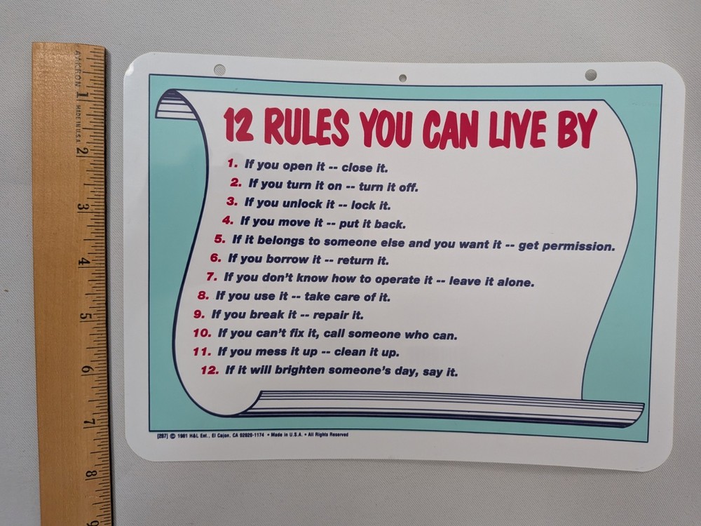 Vintage 1981 Scroll Sign 12 Rules You Can Live By Hershey Park PA FAST Shipping