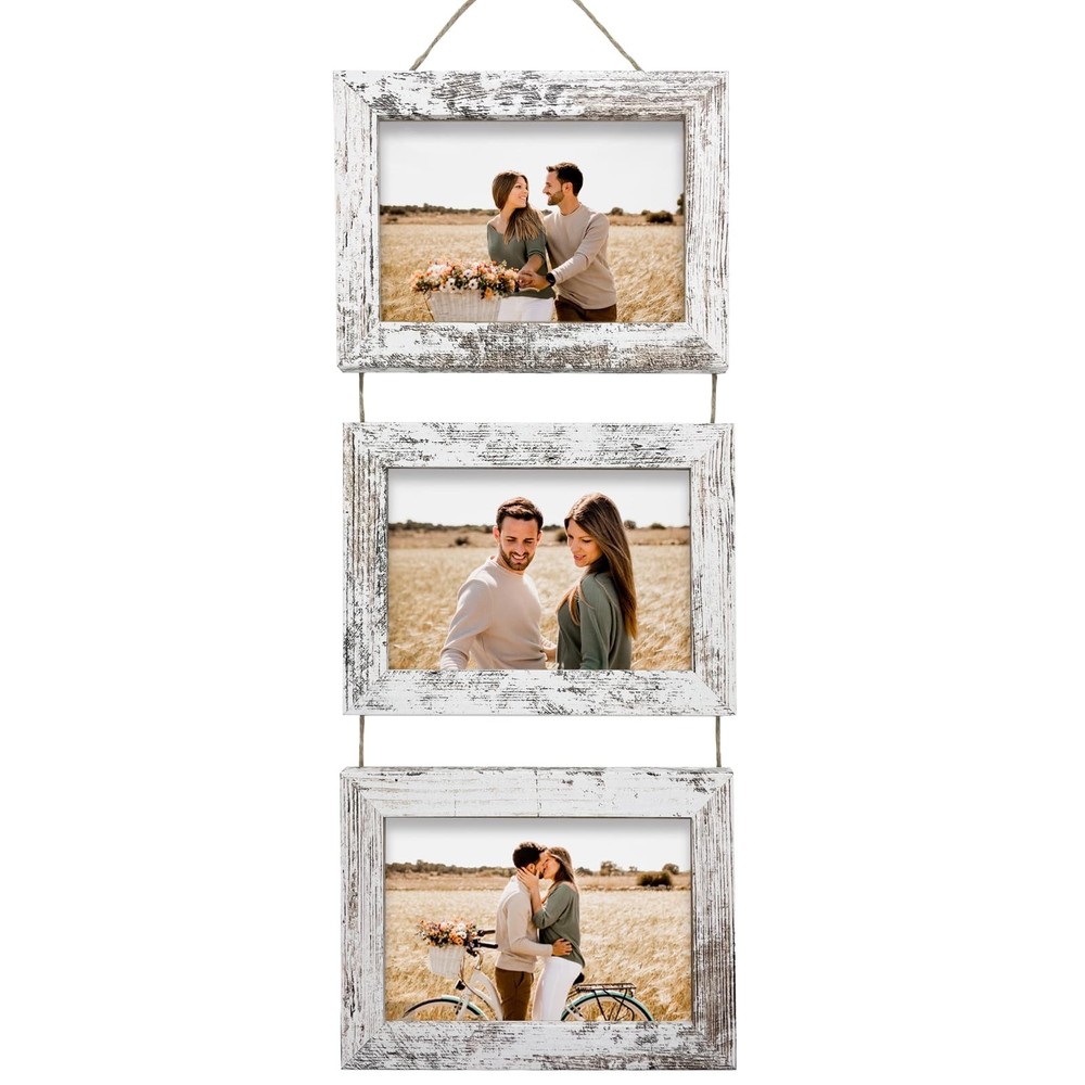 Rexllon 4×6 Wall Hanging Picture Frames Collage with 3 Opening Distressed White