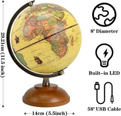 Illuminated World Globe with Wood Stand, 8» Vintage Globes for Adults, Light Up