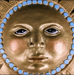 Gold Celestial Chalkware Sun Face Turquoise Dots Wall Decor 11″ Boho Plaster