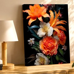 Wall Art Floral Bouquet Print Orange Lily Rose White Blossom Black Background