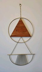 modern geometric wall decor metal and wood hanging sculpture 26x16in, 32in with