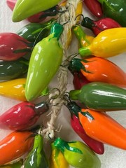 CERAMIC JALAPENO CHILI PEPPER RISTRA , MEXICO , HANGING DECOR , MULTICOLOR