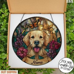 Personalized Dog Portrait Glass Suncatcher, Custom Pet Memorial Stained Glass