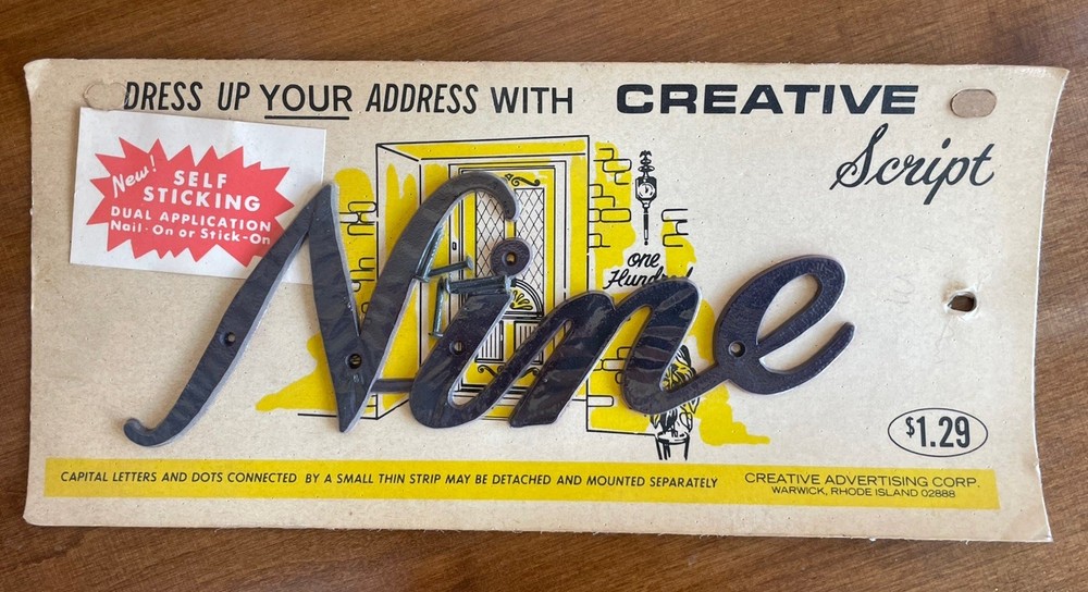 Retro Creative Script House Number Nine 9 NOS Vintage Advertising Mid Century