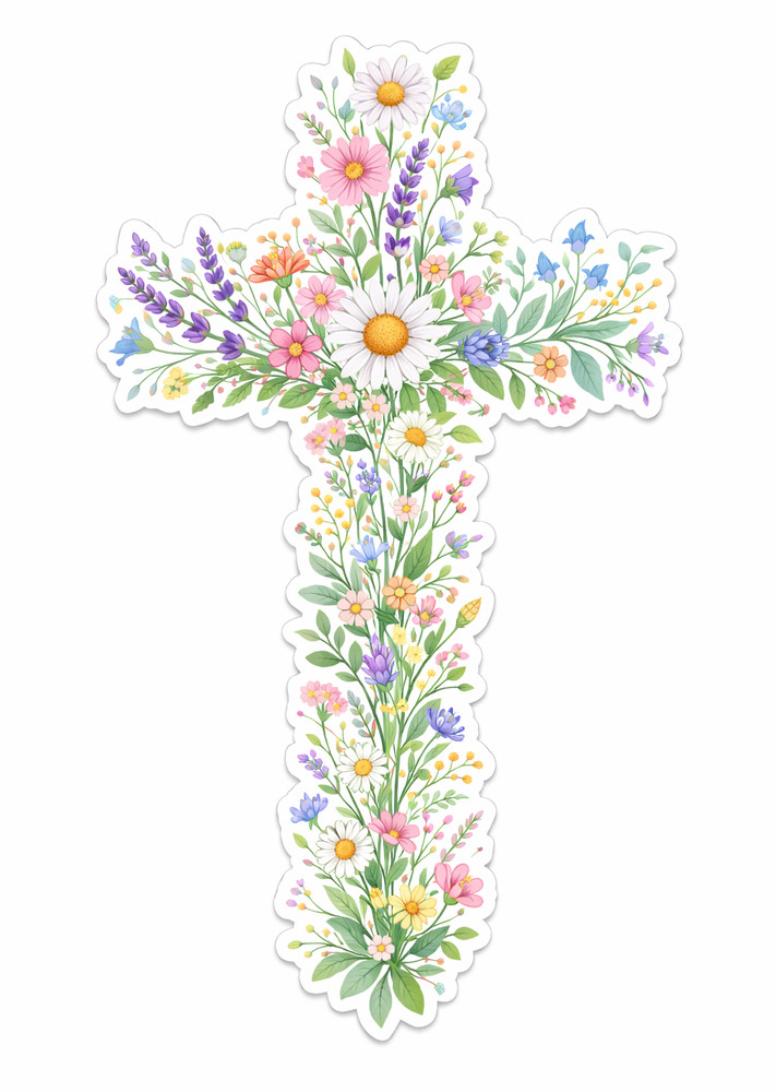 Christian Cross Vinyl Decal Sticker Religious Jesus Wildflowers Flowers Crown 12