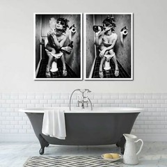 Set of 2 – Sexy Party Girl on Toilet Smoking and Drinking Art Print Poster