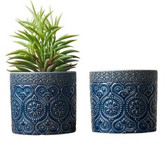 4-Inch Cobalt Blue Ceramic Floral Embossed Succulent Planter Pots, Set of 2