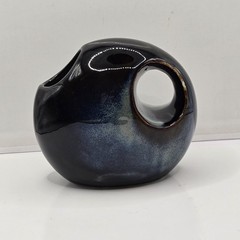 Modern Glazed Ceramic Offset Donut Hole Blues Bud Vase 6″ Asymmetrical Abstract