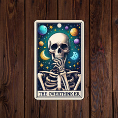 Tarot card sticker vinyl decal the overthinker skeleton moon planets stars mug