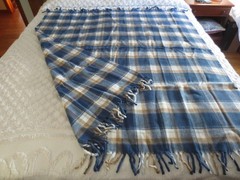 Faribo SPORTSMAN PAK-A-ROBE Blue Plaid FRINGED Acrylic THROW & THERMOS SET