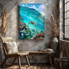 Underwater Sea Turtle Canvas Wall Art Tropical Coral Reef Fish Ocean Print Home